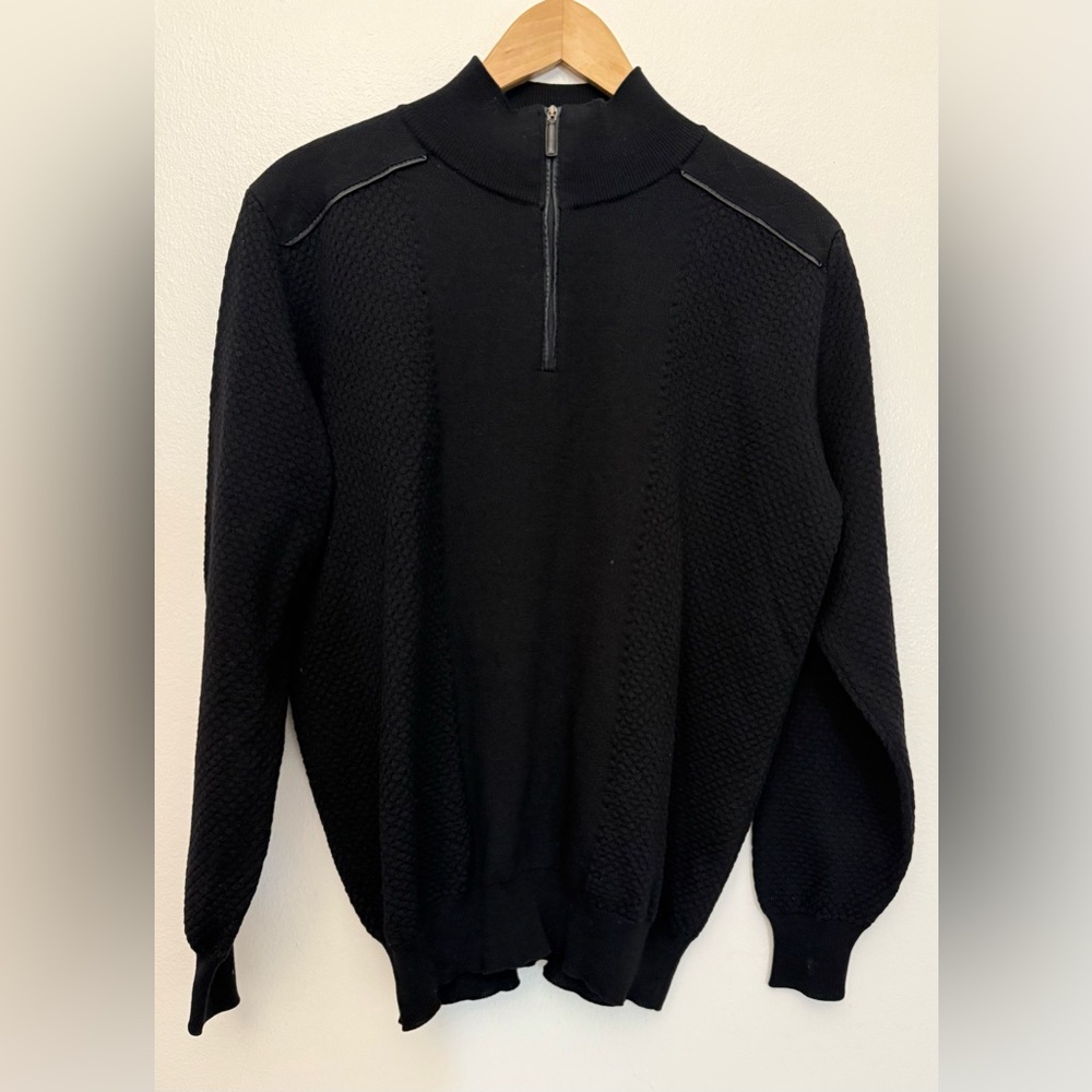 Ferrante 1/4 Zip Pullover‎ Black Sweater Merino Wool LeatherTrim Sz 52/ US L